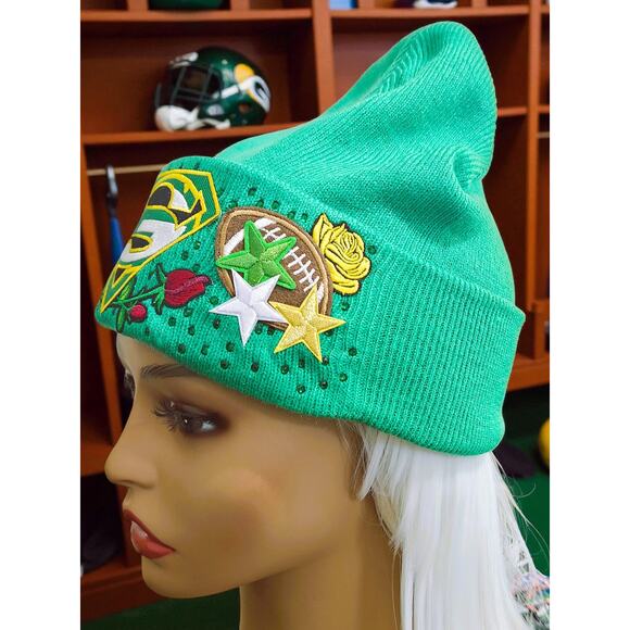 Green Bay Packers Beanie design with Log, roses, stars, football and rhinestones - Picture 5 of 5